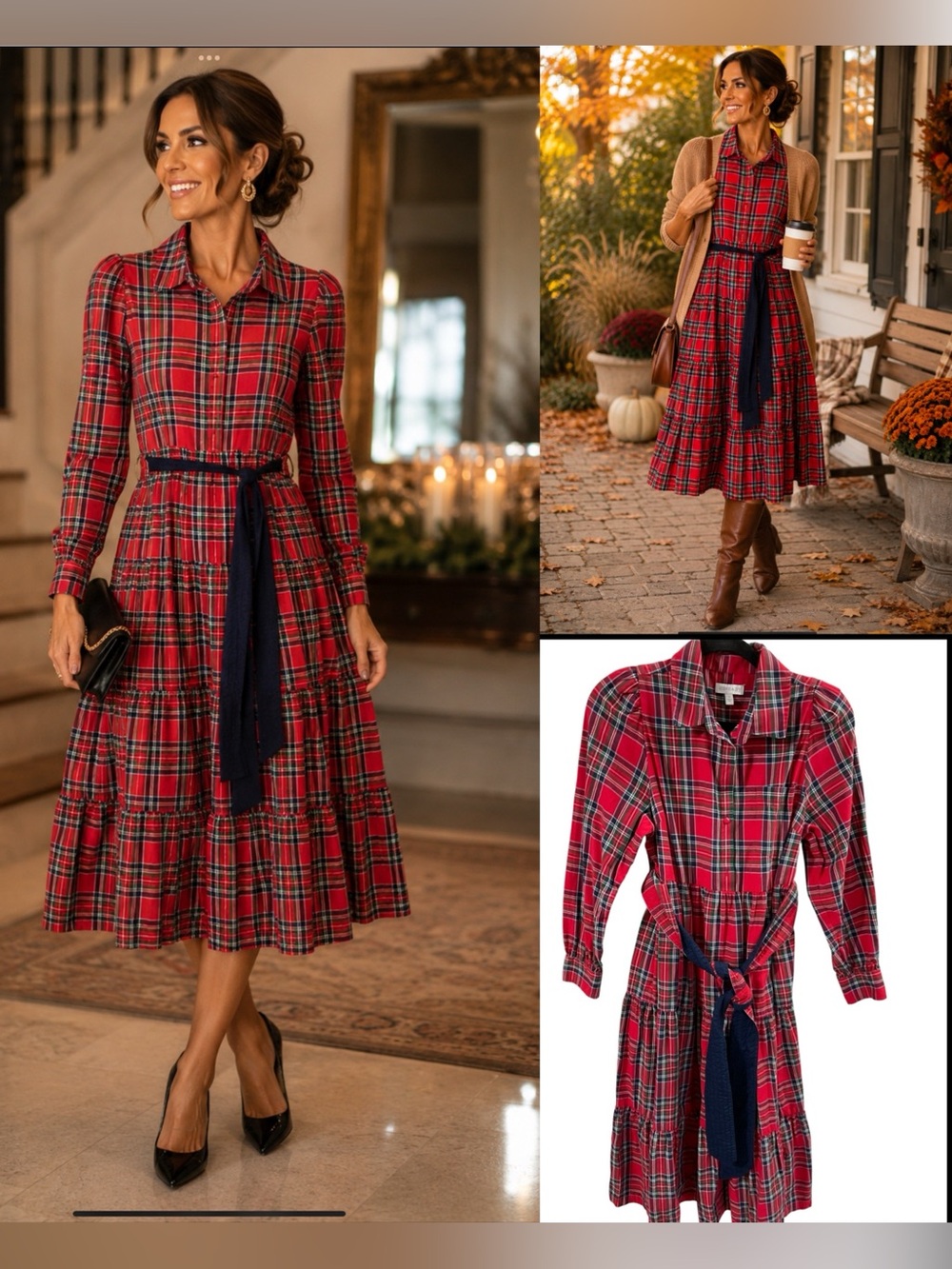 Crown & Ivy Red Tartan Plaid Tiered Midi Shirt Dress Belted Cotton S